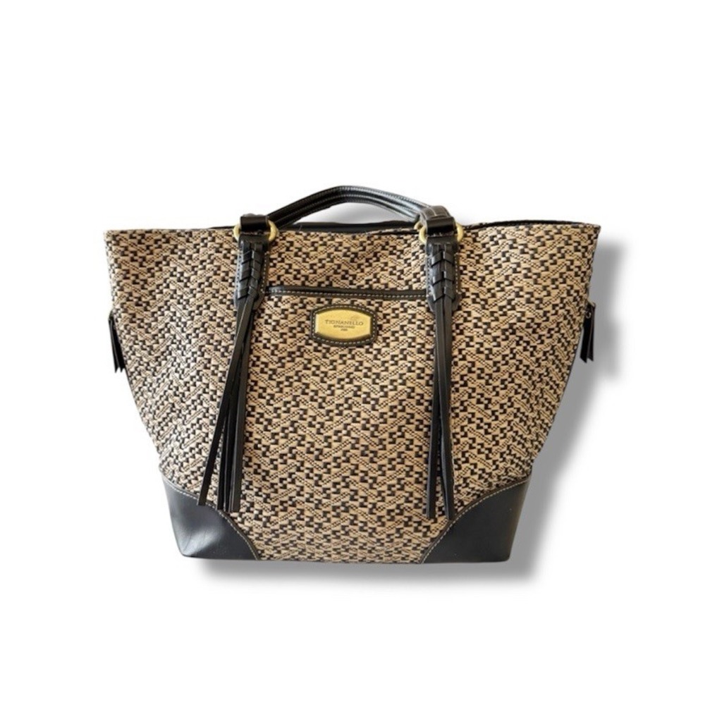 Tignanello Woven Aztec Print Tote Bag Carpetbag Black Tassel Side Zip Pockets